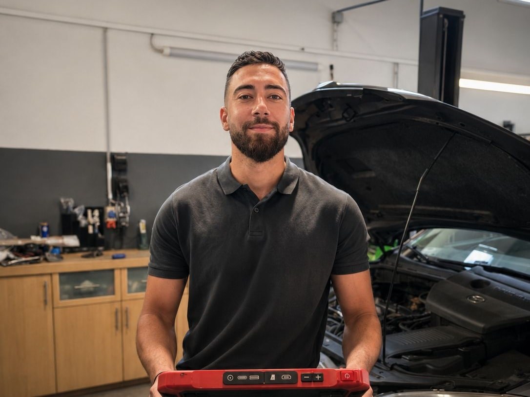 Josha Schumacher in der Werkstatt mit einem Diagnosetablet in den Händen, vor einem Fahrzeug mit geöffneter Motorhaube